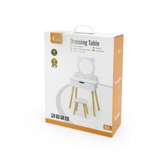 Didelis baltas medinis tualetinis staliukas su veidrodžiu ir kėde VIGA