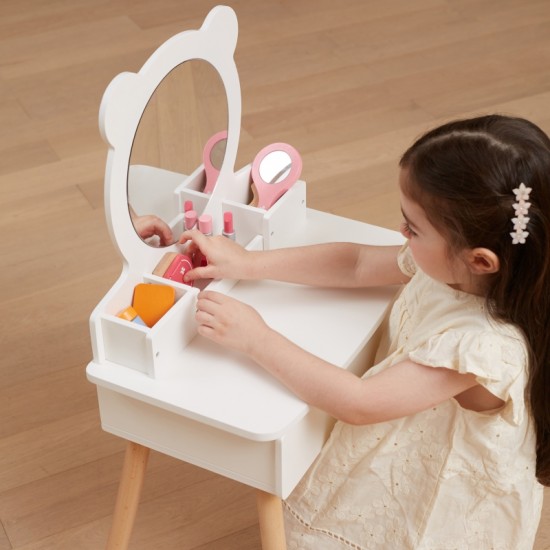 Didelis baltas medinis tualetinis staliukas su veidrodžiu ir kėde VIGA