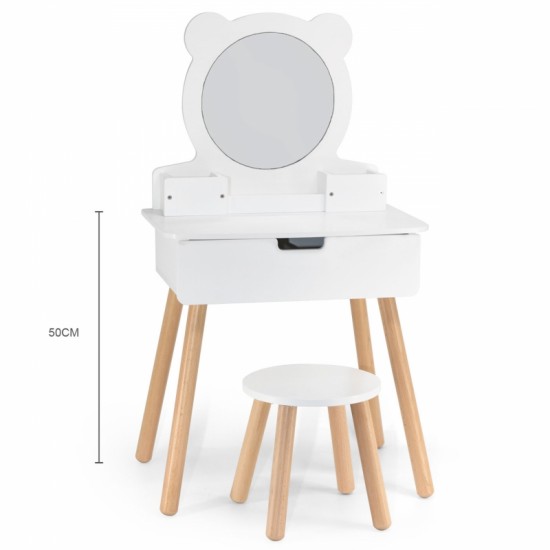 Didelis baltas medinis tualetinis staliukas su veidrodžiu ir kėde VIGA