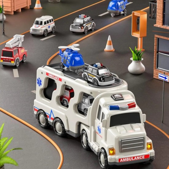Didelis gelbėjimo komplekto sunkvežimis + 4 automobiliai