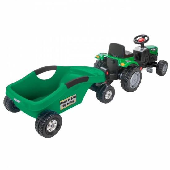 Didelis „PowerTrac“ pedalais minamas traktorius su XXL priekaba WOOPIE