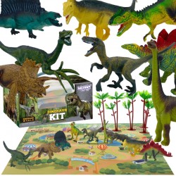 Dinozaurų figūrėlių rinkinys, 16 dalių + kilimėlis + skrynia WOOPIE