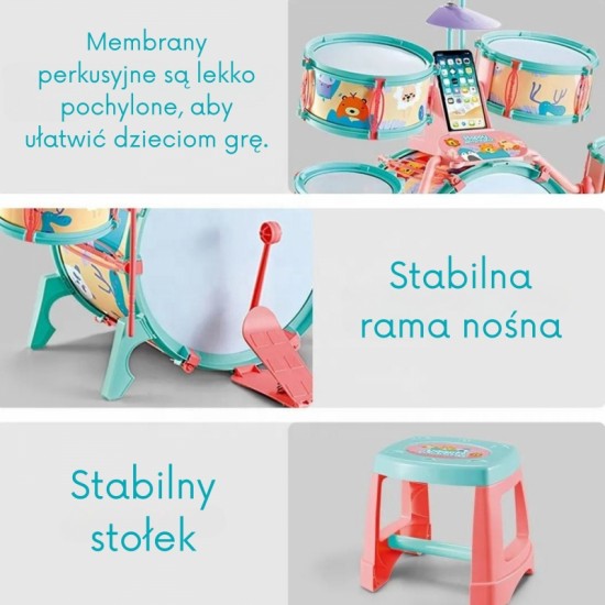 Edukaciniai mušamieji instrumentai vaikams: 5 būgnai, 1 cimbolas + gyvūnų tematikos taburetė WOOPIE