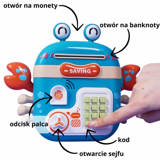 Elektroninis taupyklės seifas bankomatui su PIN prieigos kodu, krabo formos kuprinė, mėlyna WOOPIE