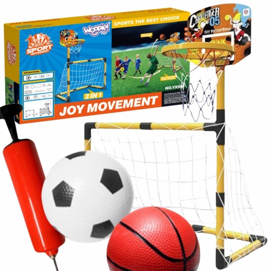 Krepšinio ir futbolo 2in1 rinkinys: futbolo vartai + krepšinio lankas su kamuoliais ir pompa WOOPIE