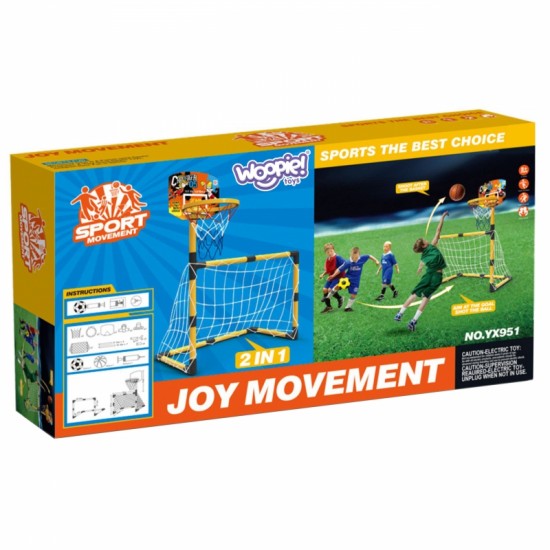 Krepšinio ir futbolo 2in1 rinkinys: futbolo vartai + krepšinio lankas su kamuoliais ir pompa WOOPIE