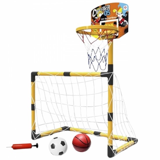 Krepšinio ir futbolo 2in1 rinkinys: futbolo vartai + krepšinio lankas su kamuoliais ir pompa WOOPIE