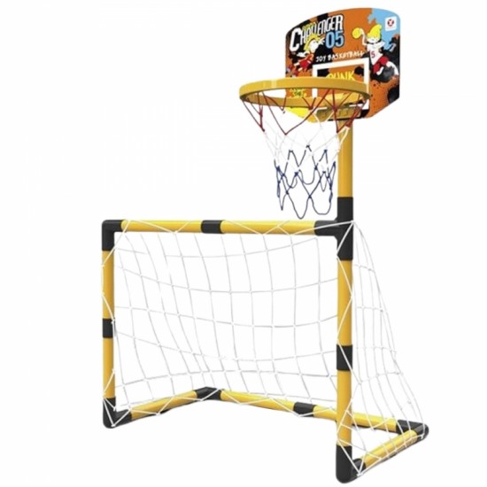 Krepšinio ir futbolo 2in1 rinkinys: futbolo vartai + krepšinio lankas su kamuoliais ir pompa WOOPIE