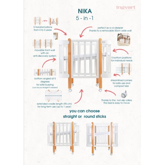 Kūdikio Lovytė-Transformeris Ingvart Nika 5-in-1, 60x120cm, Balta Spalva