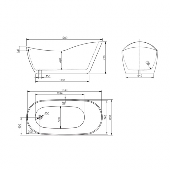 Laisvai stovinti vonia AMO-1049DB 170x80x72 cm
