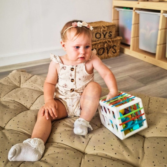Lankstus sensorinis kubelių rūšiavimo rinkinys vaikams, spalvingų formų abėcėlė, 15 vnt. WOOPIE BABY