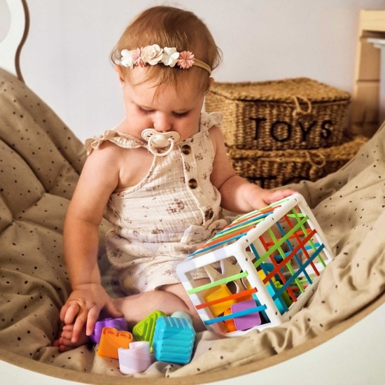 Lankstus sensorinis kubelių rūšiavimo rinkinys vaikams, spalvingų formų abėcėlė, 15 vnt. WOOPIE BABY