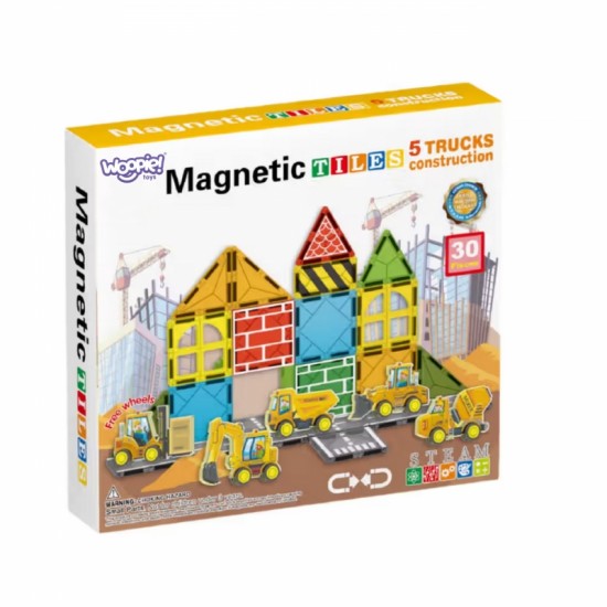 Magnetinių kaladėlių rinkinys su statybinėmis transporto priemonėmis Woopie