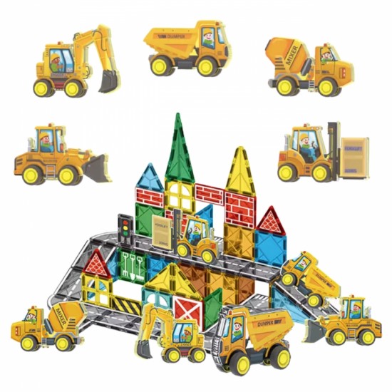 Magnetinių kaladėlių rinkinys su statybinėmis transporto priemonėmis Woopie