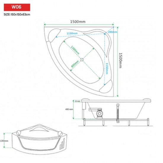 Masažinė vonia AMUE Norevia dvivietė, 150 × 150 × 63 cm