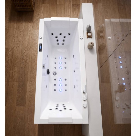 Masažinė vonia AMUE Velora White J-E105-SMW su hidromasažu, LED apšvietimu ir Bluetooth audio sistema, 180 × 80 × 68 cm