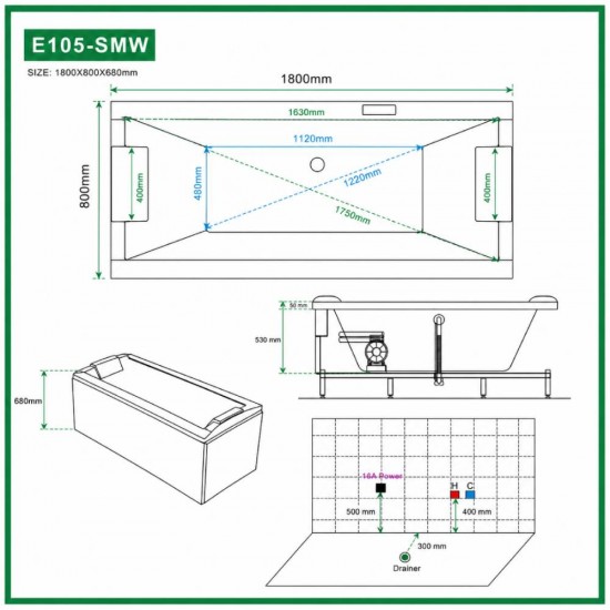Masažinė vonia AMUE Velora White J-E105-SMW su hidromasažu, LED apšvietimu ir Bluetooth audio sistema, 180 × 80 × 68 cm