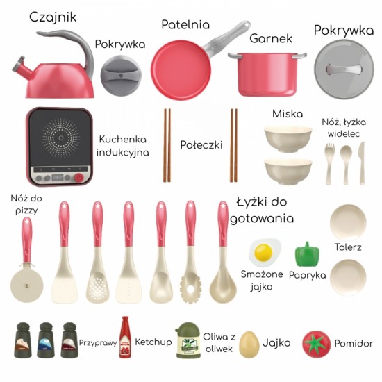 Mažojo virėjo rinkinys indukcinėms viryklėms, keptuvėms, virduliams, rožinis, 30 vnt. WOOPIE