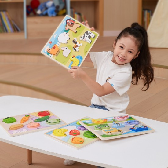 Medinė dėlionė Montessori 2-in-1 dėlionės vaisių figūrėlės VIGA