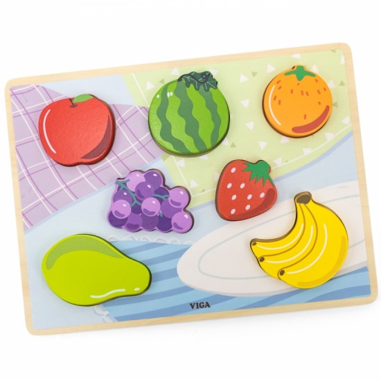 Medinė dėlionė Montessori 2-in-1 dėlionės vaisių figūrėlės VIGA