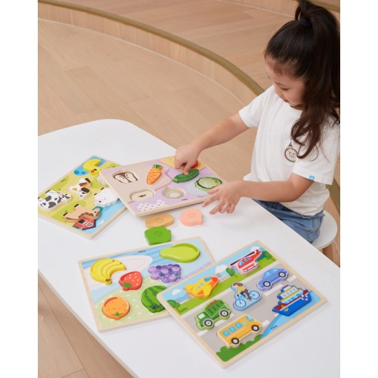 Medinė dėlionė Montessori 2-in-1 dėlionės vaisių figūrėlės VIGA