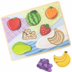 Medinė dėlionė Montessori 2-in-1 dėlionės vaisių figūrėlės VIGA