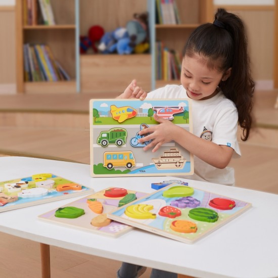 Medinė dėlionė Montessori 2 viename figūrėlių ūkis VIGA