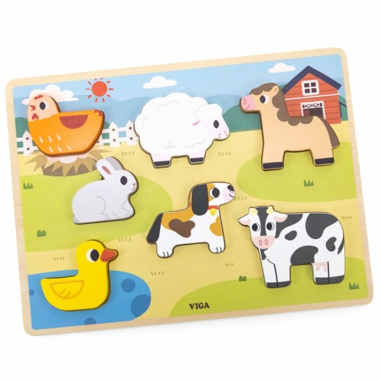Medinė dėlionė Montessori 2 viename figūrėlių ūkis VIGA