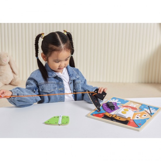 Medinė manipuliavimo lenta su sagtimis ir spynomis, sukurta mago Montessori VIGA