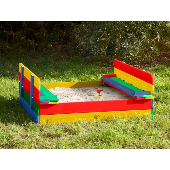 Medinė smėlio dėžė su dangčiu ir suoliukais AXI Ella Rainbow