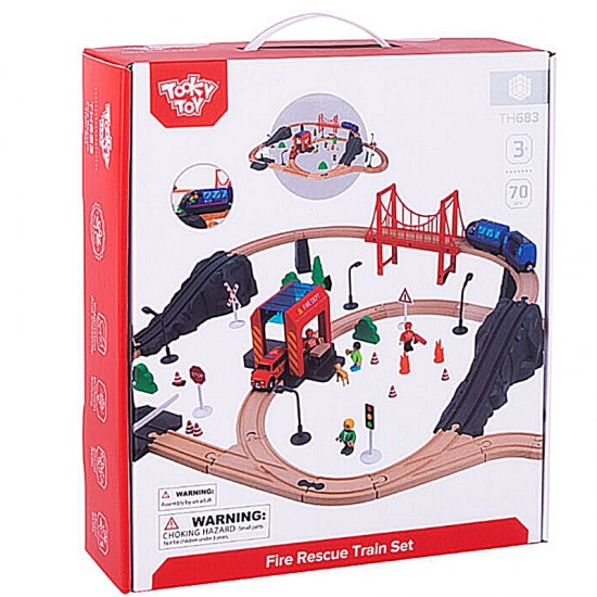 Medinė Trasa Su Traukiniu, Gaisrine Ir Greitosios Medicinos Pagalbos Automobiliu Tooky Toy 70 vnt.
