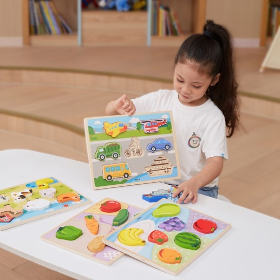 Medinės dėlionės Montessori 2 viename figūrėlės, transporto priemonės VIGA