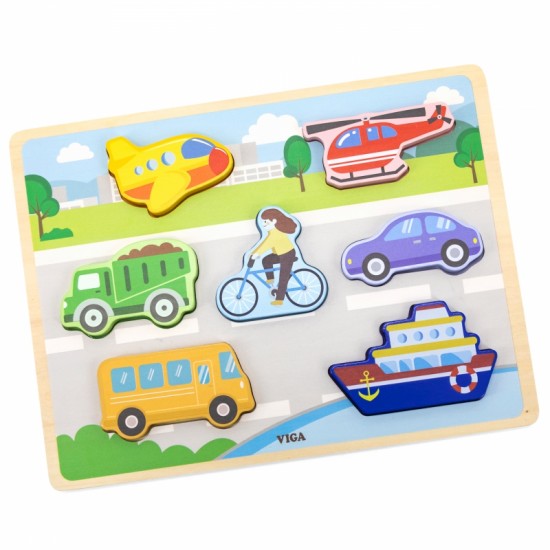 Medinės dėlionės Montessori 2 viename figūrėlės, transporto priemonės VIGA