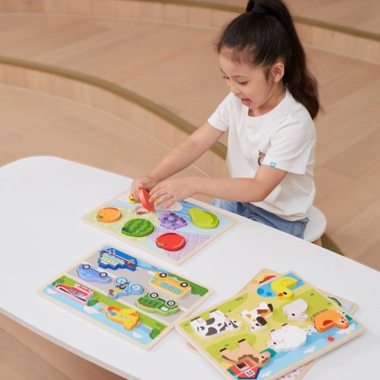 Medinės dėlionės Montessori 2 viename figūrėlės, transporto priemonės VIGA