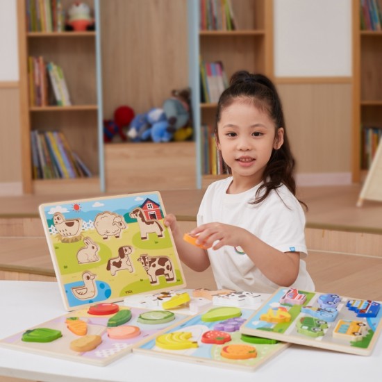 Medinės dėlionės Montessori 2 viename figūrėlės, transporto priemonės VIGA