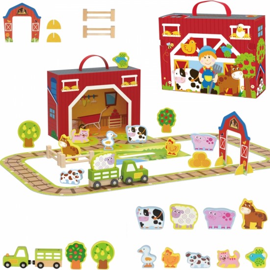 Medinės fermos lagamine figūrėlės, transporto priemonės TOOKY TOY