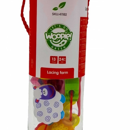 Mediniai siūlų vėrimo kaladėlės Gyvūnų ūkis 13 vnt. WOOPIE GREEN