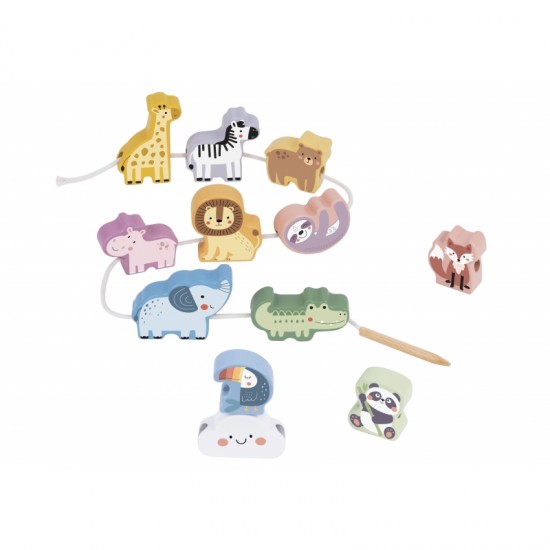 Mediniai siūlų vėrimo kaladėlės, susipynusios, Zoo Montessori, 13 EL WOOPIE GREEN