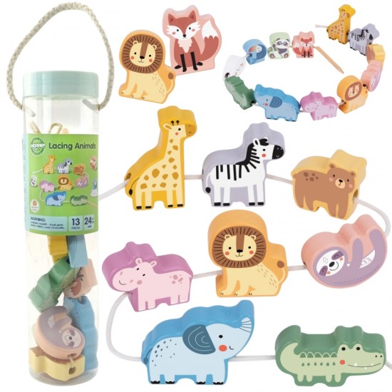 Mediniai siūlų vėrimo kaladėlės, susipynusios, Zoo Montessori, 13 EL WOOPIE GREEN