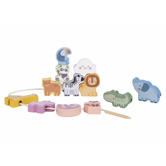 Mediniai siūlų vėrimo kaladėlės, susipynusios, Zoo Montessori, 13 EL WOOPIE GREEN