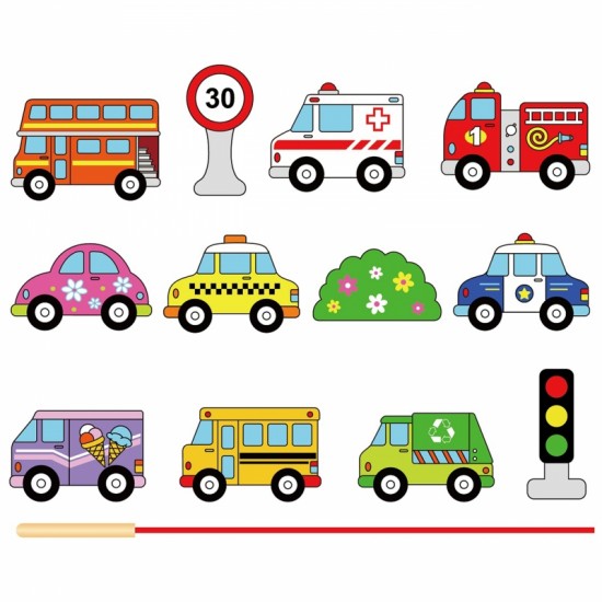 Mediniai susipynę siūlai, suvarstomi Montessori automobiliai „Viga“