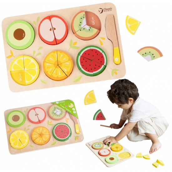 Mediniai vaisiai pjaustymui su lipdukais + trupmenų ir dalybos mokymasis MONTESSORI 23 vnt. CLASSIC WORLD