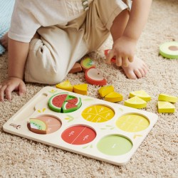 Mediniai vaisiai pjaustymui su lipdukais + trupmenų ir dalybos mokymasis MONTESSORI 23 vnt. CLASSIC WORLD