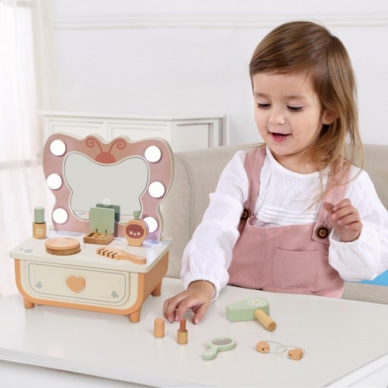 Medinis drugelių tualetinis staliukas su aksesuarais, veidrodis su LED apšvietimu + kosmetika TOOKY TOY