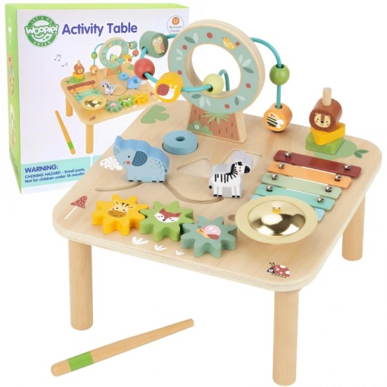 Medinis edukacinis stalas muzikinis sensorinis labirintas 5 viename WOOPIE GREEN