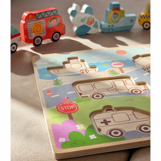 Medinis Montessori dėlionės rinkinys, transporto priemonės, automobiliai, lėktuvas, laivas, miestas, atitikimo formos Tooky
