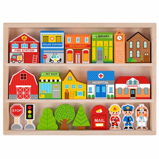 Medinis pastatų ir figūrėlių rinkinys „Miestas“ TOOKY TOY