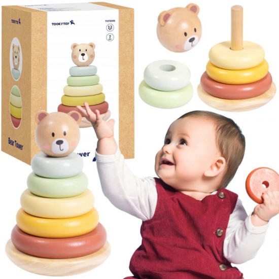 Medinis sensorinis dėlionės piramidės formos meškiukas sensorinis spalvingas krautuvas TOOKY TOY