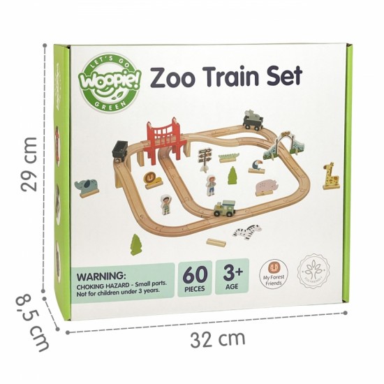 Medinis zoologijos sodo traukinių rinkinys XL magnetiniai bėgiai 60 vnt. FSC WOOPIE GREEN