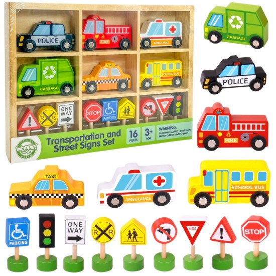 Medinių transporto priemonių ir kelio ženklų rinkinys WOOPIE GREEN